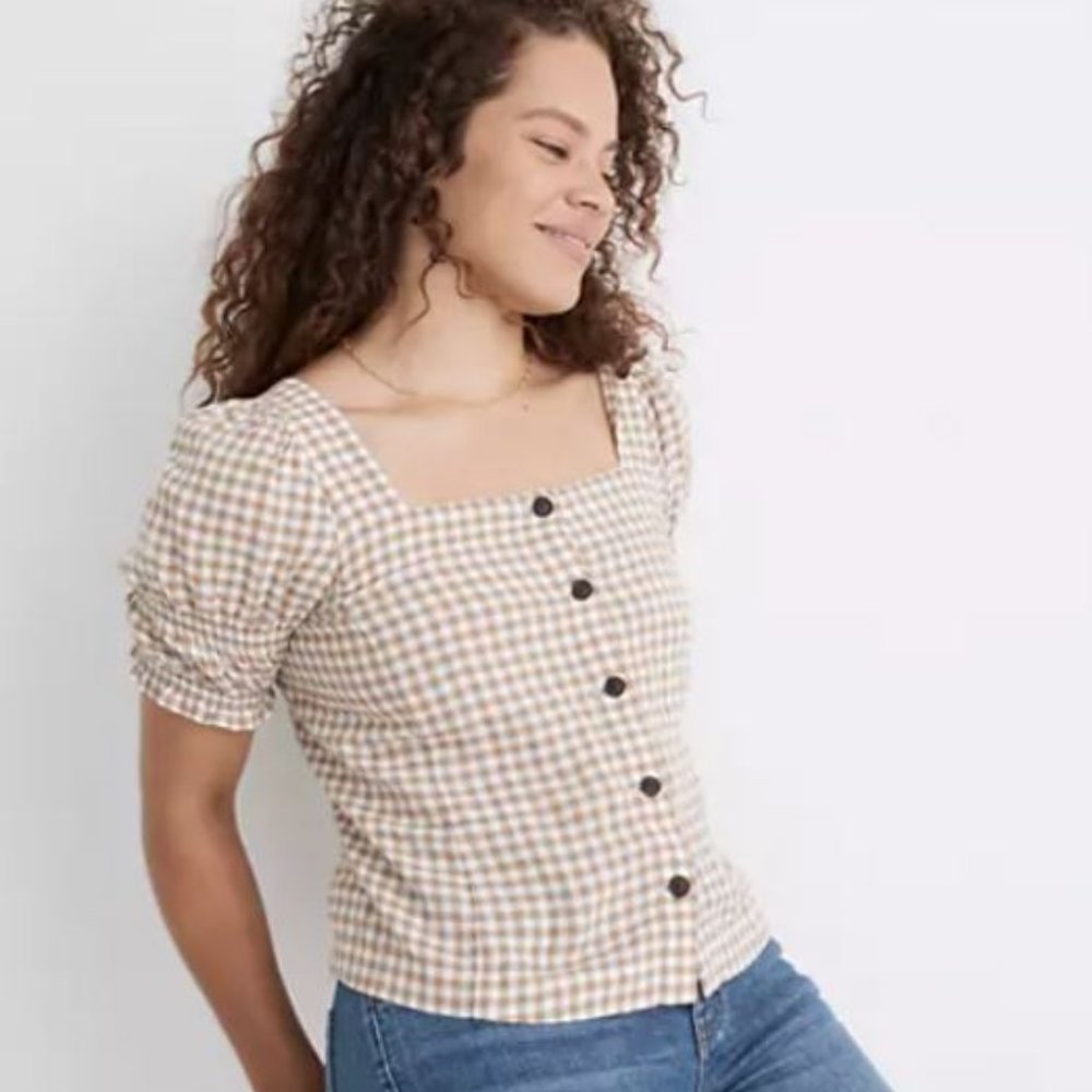 Madewell Square-Neck Puff-Sleeve Top in Gingham Check - Size Small